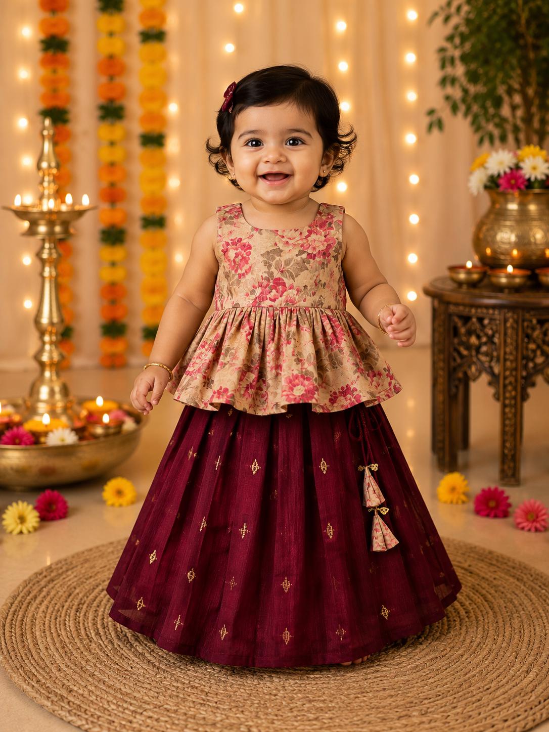 Floral Peplum Maroon Pattu Pavadai Set for Baby Girls